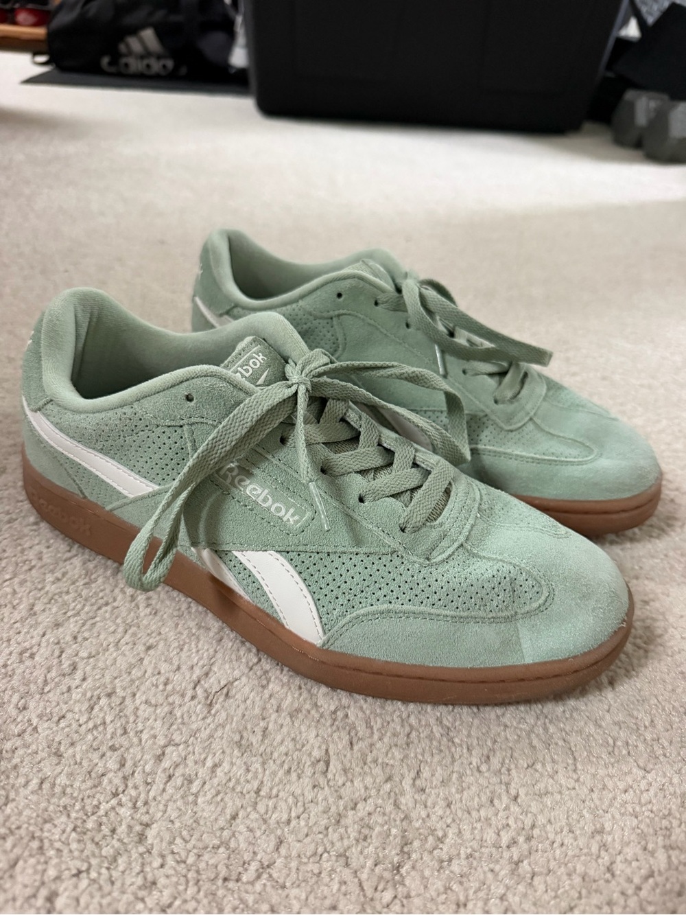Reebok Women's Suede Sneakers in Sage Green with White Stripe and Gum Sole